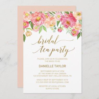 Peach and Pink Peony Flowers Bridal Tea Party Invitations