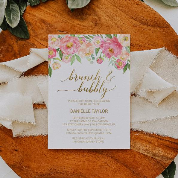 Peach and Pink Peony Flowers Brunch and Bubbly Invitations