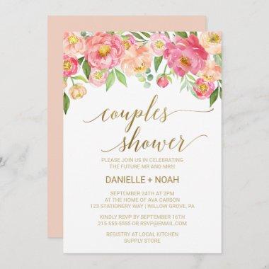 Peach and Pink Peony Flowers Couples Shower Invitations