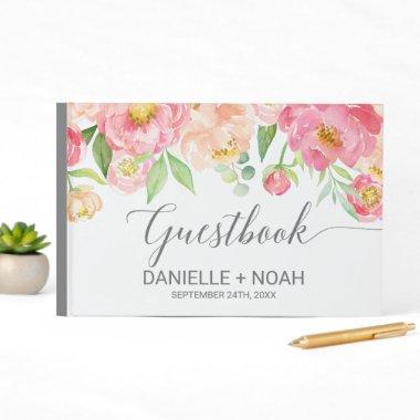 Peach and Pink Peony Flowers Gray Wedding Guest Book