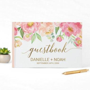 Peach and Pink Peony Flowers Wedding Guest Book