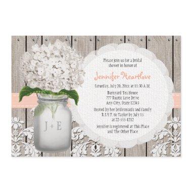 Peach and White Hydrangea Mason Jar Bridal Shower Invitations