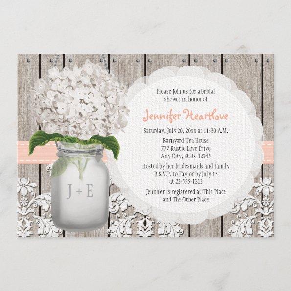 Peach and White Hydrangea Mason Jar Bridal Shower Invitations