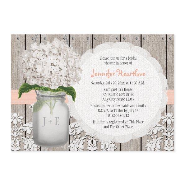 Peach and White Hydrangea Mason Jar