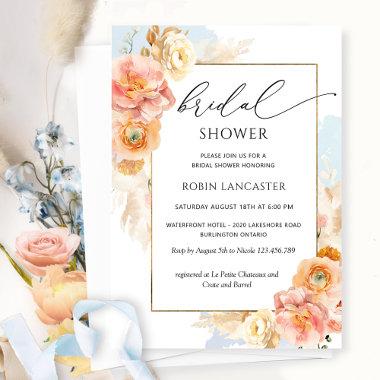 Peach, Blush and Blue Floral Bridal Shower /Brunch Invitations