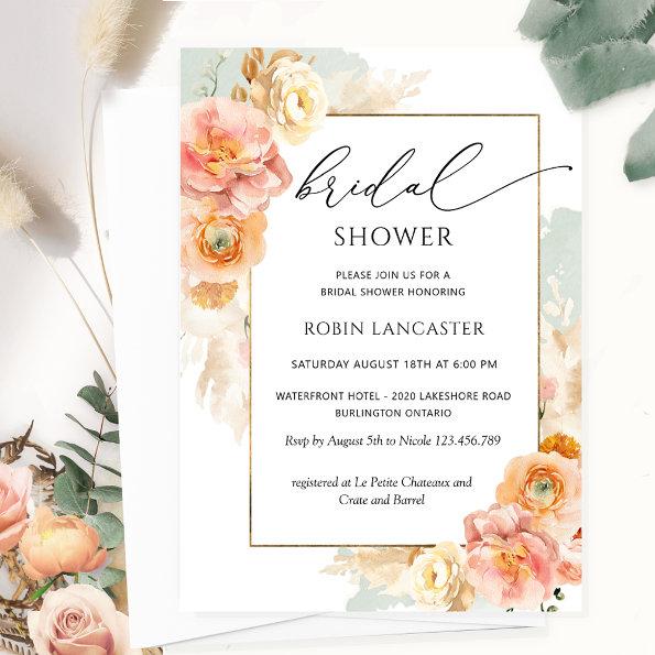 Peach Blush and Sage Floral Bridal Shower /Brunch Invitations
