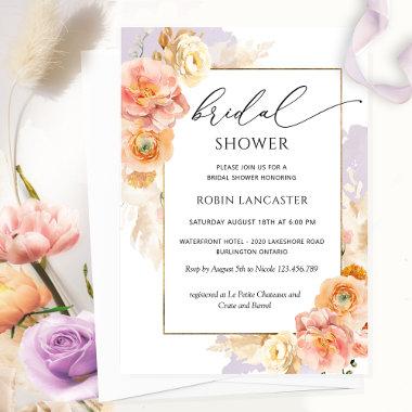 Peach, Blush, Purple Floral Bridal Shower /Brunch Invitations