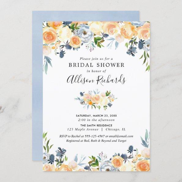 Peach coral blue floral watercolor bridal shower Invitations
