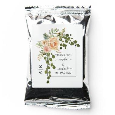 Peach coral flowers, arch and monogram wedding cof coffee drink mix