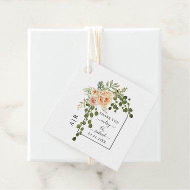 Peach coral flowers arch and monogram wedding favor tags