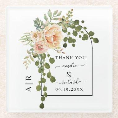 Peach coral flowers, arch and monogram wedding glass coaster