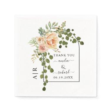 Peach coral flowers, arch and monogram wedding napkins
