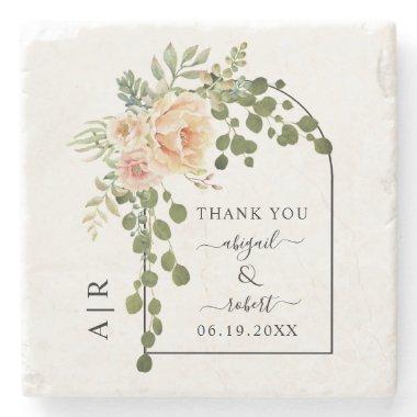 Peach coral flowers, arch and monogram wedding stone coaster