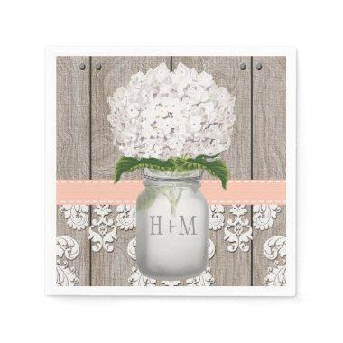 Peach Coral Monogrammed White Hydrangea Mason Jar Paper Napkins