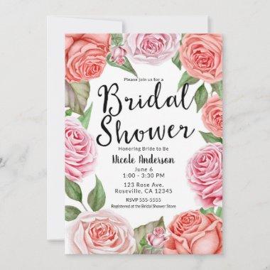 Peach Coral Pink Roses Greenery Bridal Shower Invitations