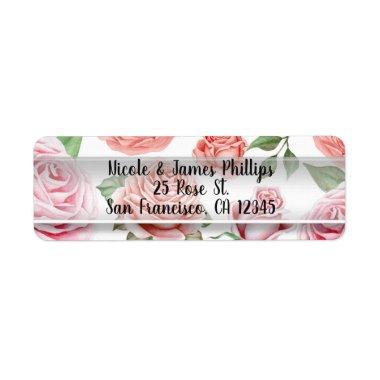 Peach Coral Pink Roses Greenery Leaves Elegant Label