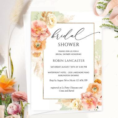 Peach Cream and Green Floral Bridal Shower /Brunch Invitations