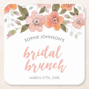 Peach Delicate Floral Bridal Shower Square Paper Coaster