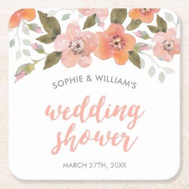 Peach Delicate Floral Wedding Shower Square Paper Coaster