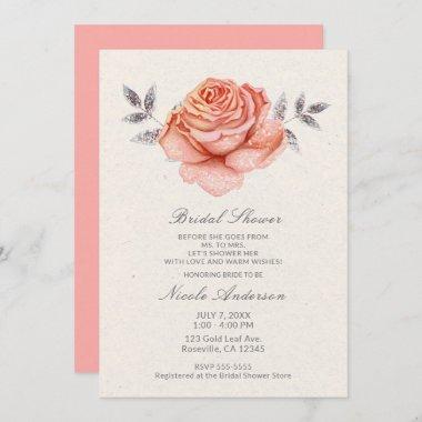 Peach Fairy Tale Glitter Rose Leaves Bridal Shower Invitations