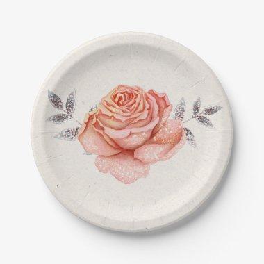 Peach Fairy Tale Glitter Rose Leaves Bridal Shower Paper Plates