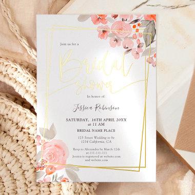 Peach floral greenery gold script bridal shower foil Invitations