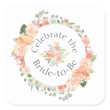 Peach Floral Ring Bridal Shower Square Sticker