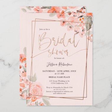 Peach floral rose gold script bridal shower foil Invitations