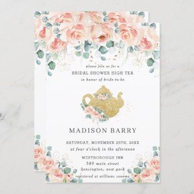 Peach Floral Rose Greenery Bridal Shower Tea Party Invitations