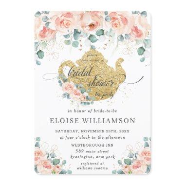 Peach Floral Rose Greenery Bridal Shower Tea Party Invitations