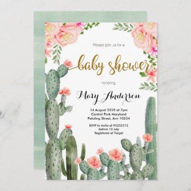 Peach Floral Succulent summer Baby Shower Invitations