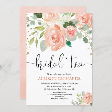 Peach floral tea party bridal shower invitations