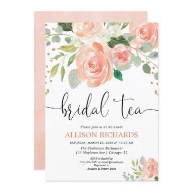 Peach floral tea party bridal shower invitations