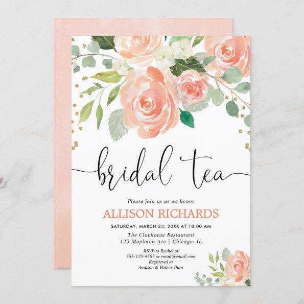 Peach floral tea party bridal shower invitations