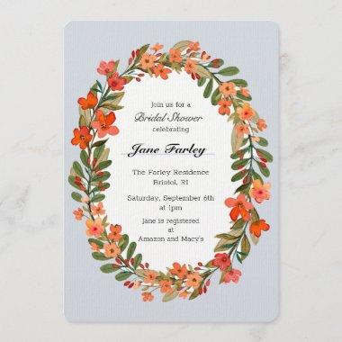 Peach Floral Wreath Bridal Shower Invitations