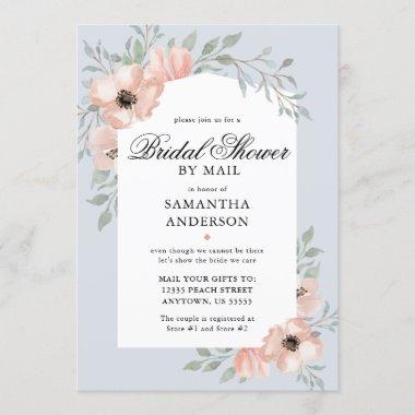 Peach Flowers Dusty Blue Bridal Shower By Mail Invitations