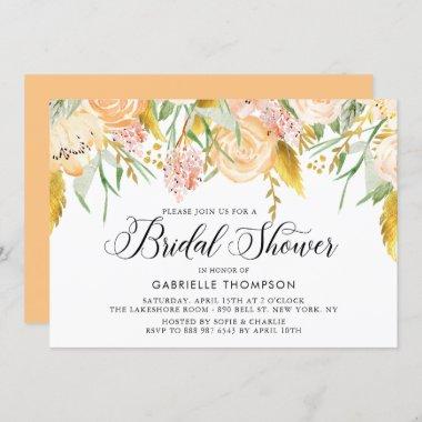 Peach Flowers Gold Leaves Bridal Shower Invitations