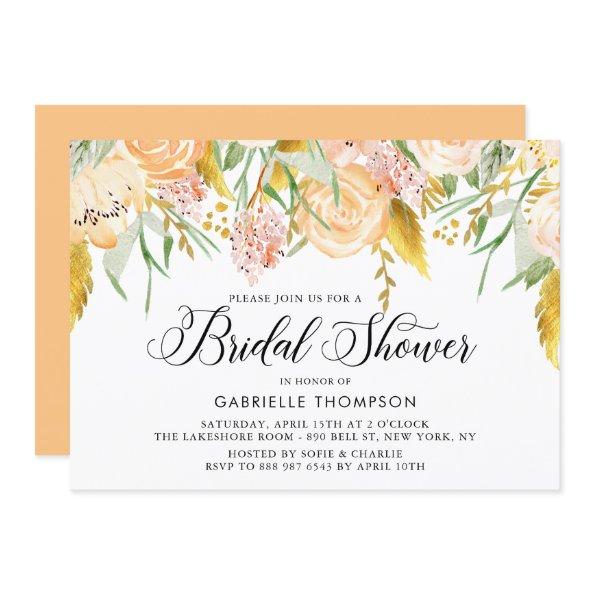 Peach Flowers Gold Leaves