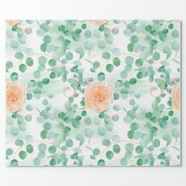 Peach Flowers Watercolor Eucalyptus Ribbons Wrapping Paper
