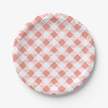 Peach Gingham Pattern, Picnic, BBQ Paper Plate