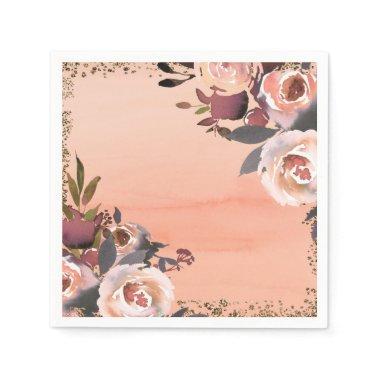 Peach & Gold Glitter Floral Modern Bridal Shower Paper Napkins