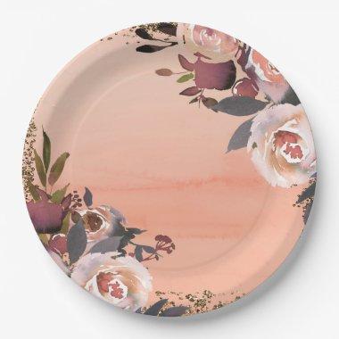 Peach & Gold Glitter Floral Modern Bridal Shower Paper Plates