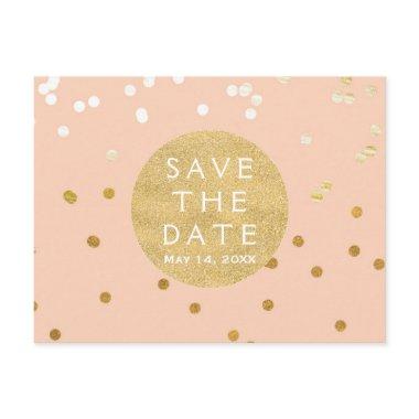 Peach & Gold Shiny Confetti Dots Save The Date Announcement Post