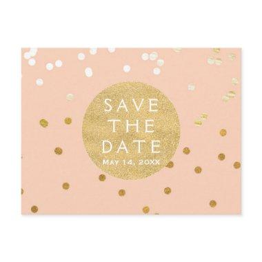 Peach & Gold Shiny Confetti Dots Save The Date Announcement PostInvitations