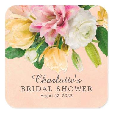 Peach Meadow Floral Bridal Shower Square Sticker