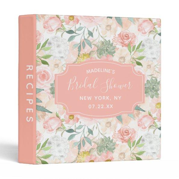 Peach & Mint Succulent Floral Bridal Shower Recipe 3 Ring Binder