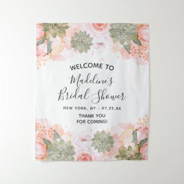 Peach Mint Succulent Floral Bridal Shower Welcome Tapestry