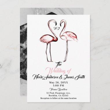 Peach Pink Flamingos Flamingo Black Marble Wedding Invitations