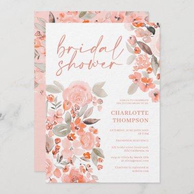 Peach pink floral casual script bridal shower Invitations