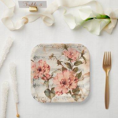 Peach Poppies Music Sheet Paper Plates